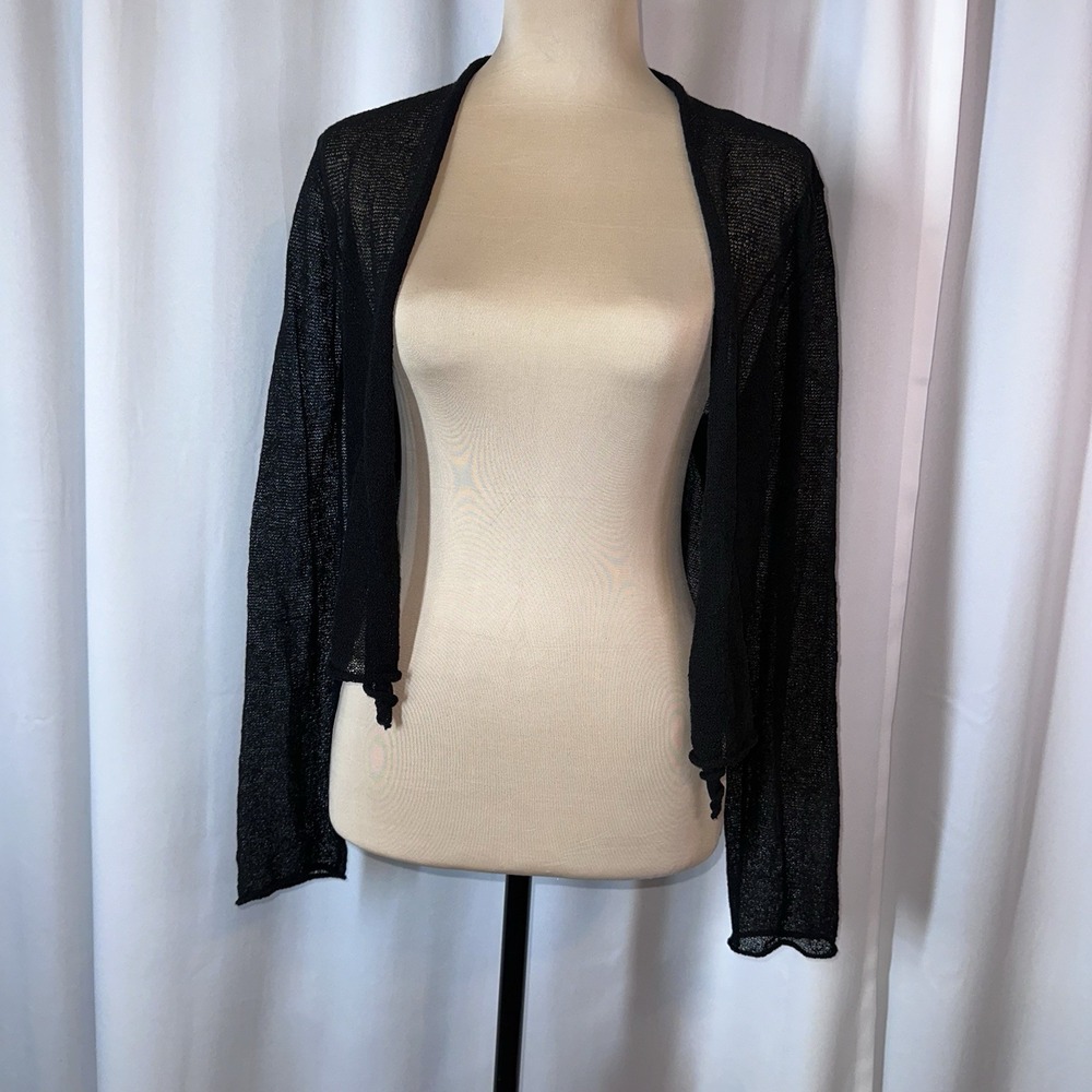Eileen Fisher Linen Blend Open Front Shrug Bolero Sz L Long Sleeve Cropped Black
